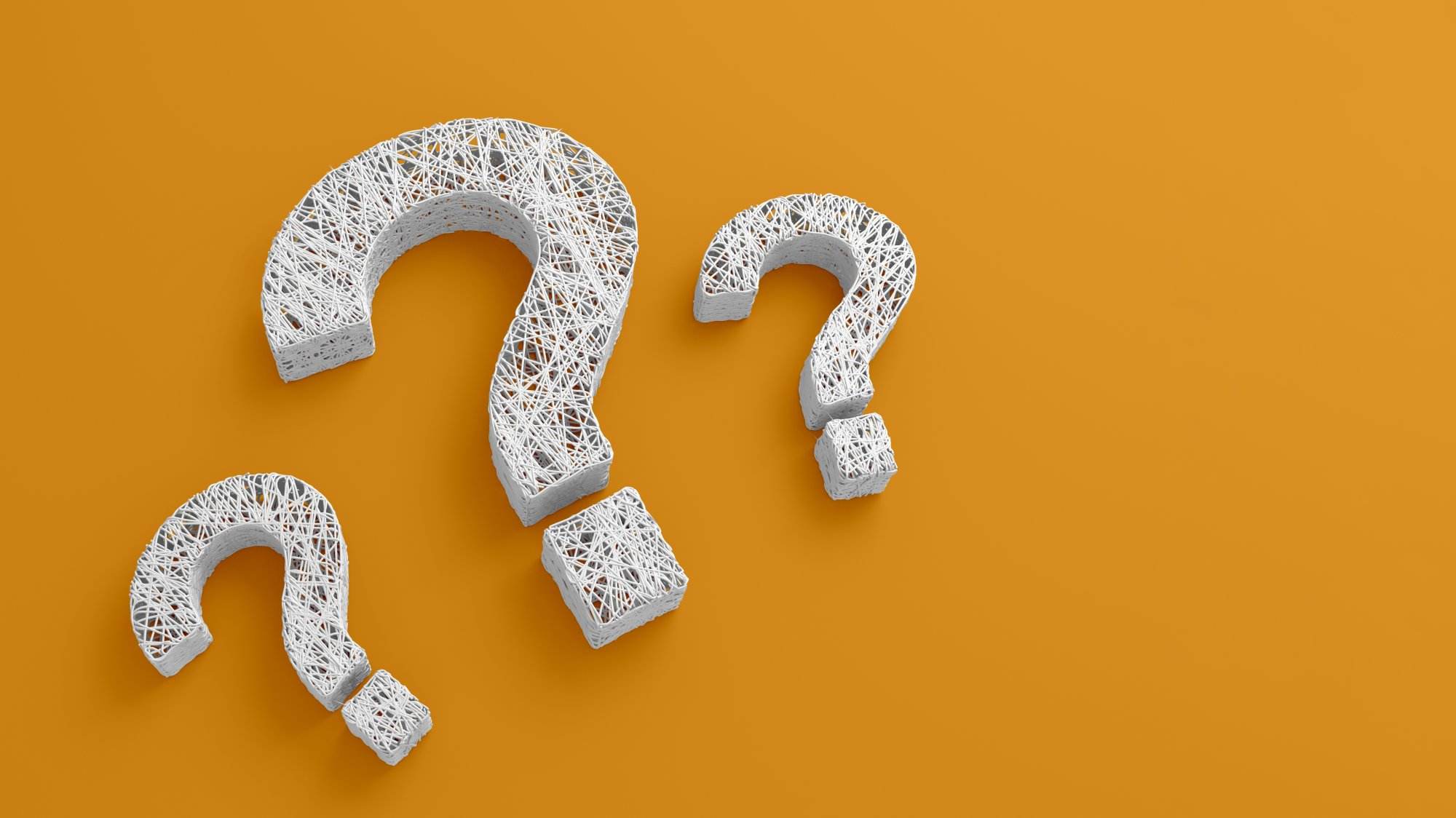 A set of thin strands twisted together in the form of three question marks. 3D illustration. question mark